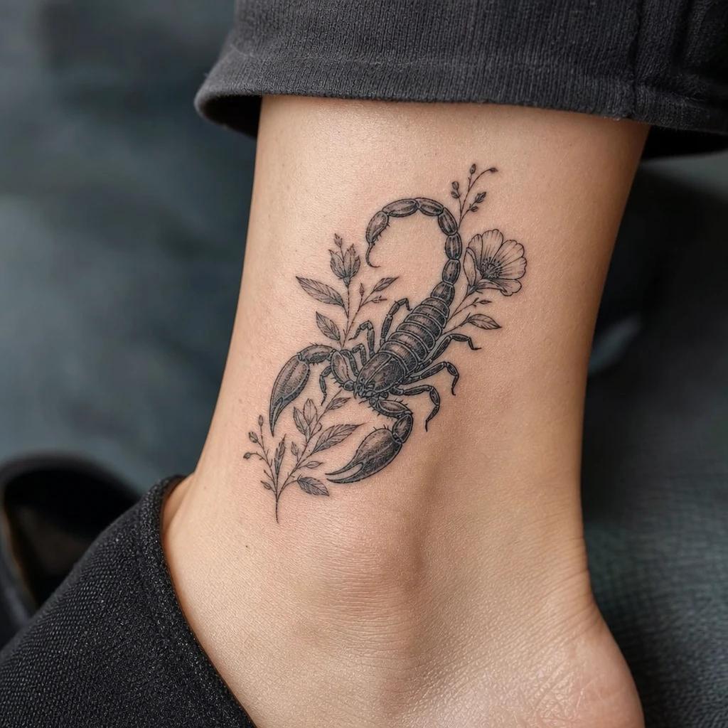 idée tatouage scorpion scorpion et fleurs contraste, photo réaliste sur peau