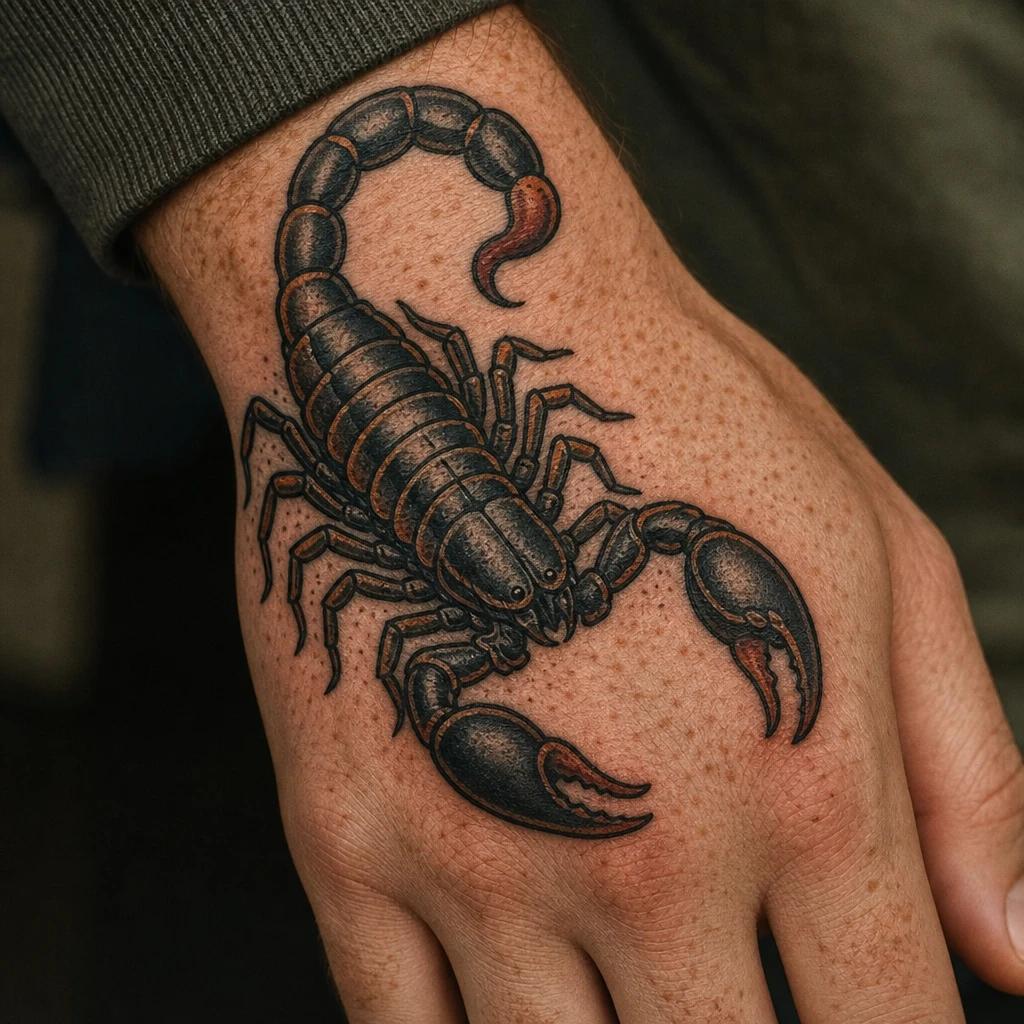 idée tatouage scorpion scorpion néo-traditionnel, photo réaliste sur peau
