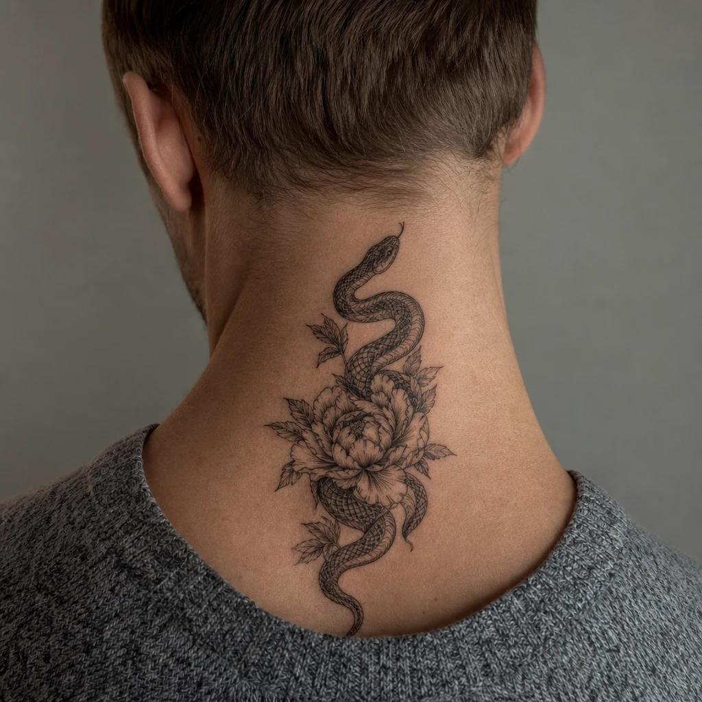 idée tatouage serpent serpent et pivoine japonais, photo réaliste sur peau