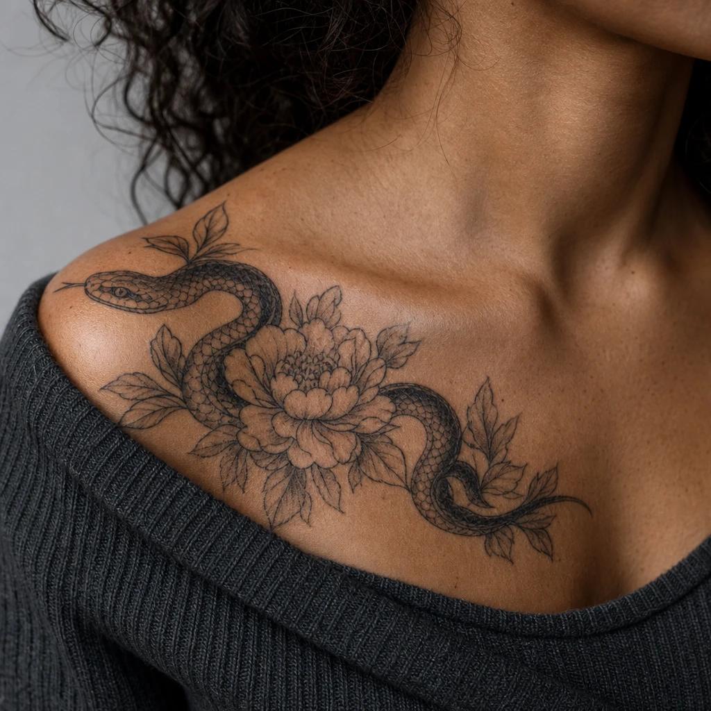 idée tatouage serpent serpent et pivoine japonais, photo réaliste sur peau