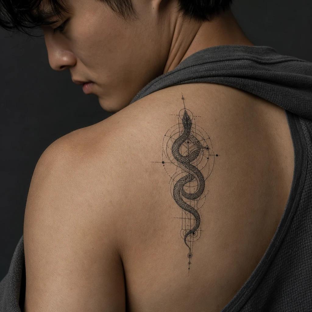 idée tatouage serpent serpent geometrique sacre, photo réaliste sur peau