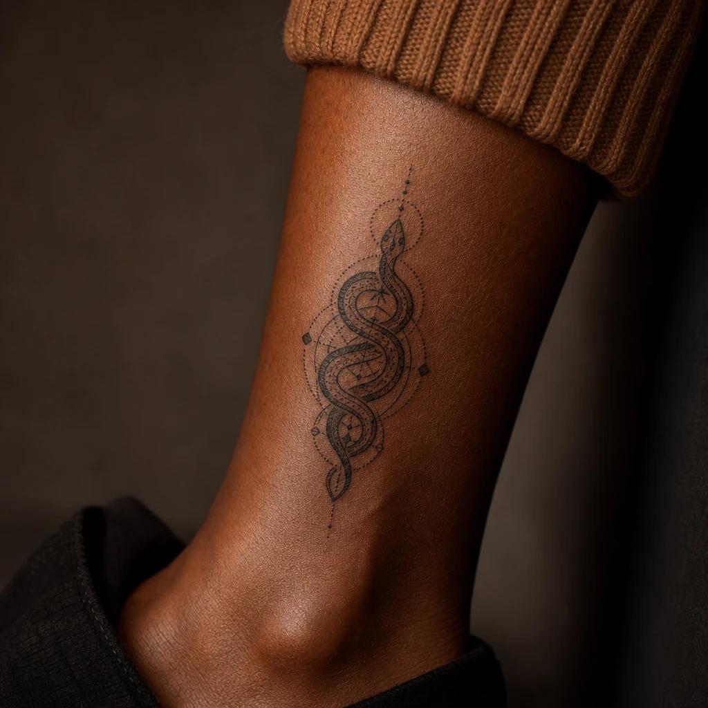 idée tatouage serpent serpent geometrique sacre, photo réaliste sur peau