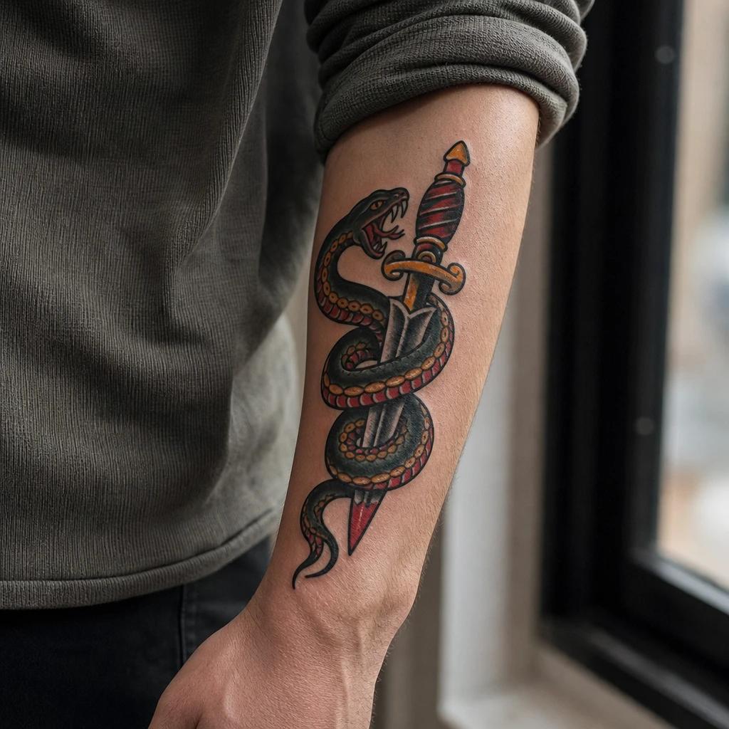 idée tatouage serpent serpent old school dague, photo réaliste sur peau