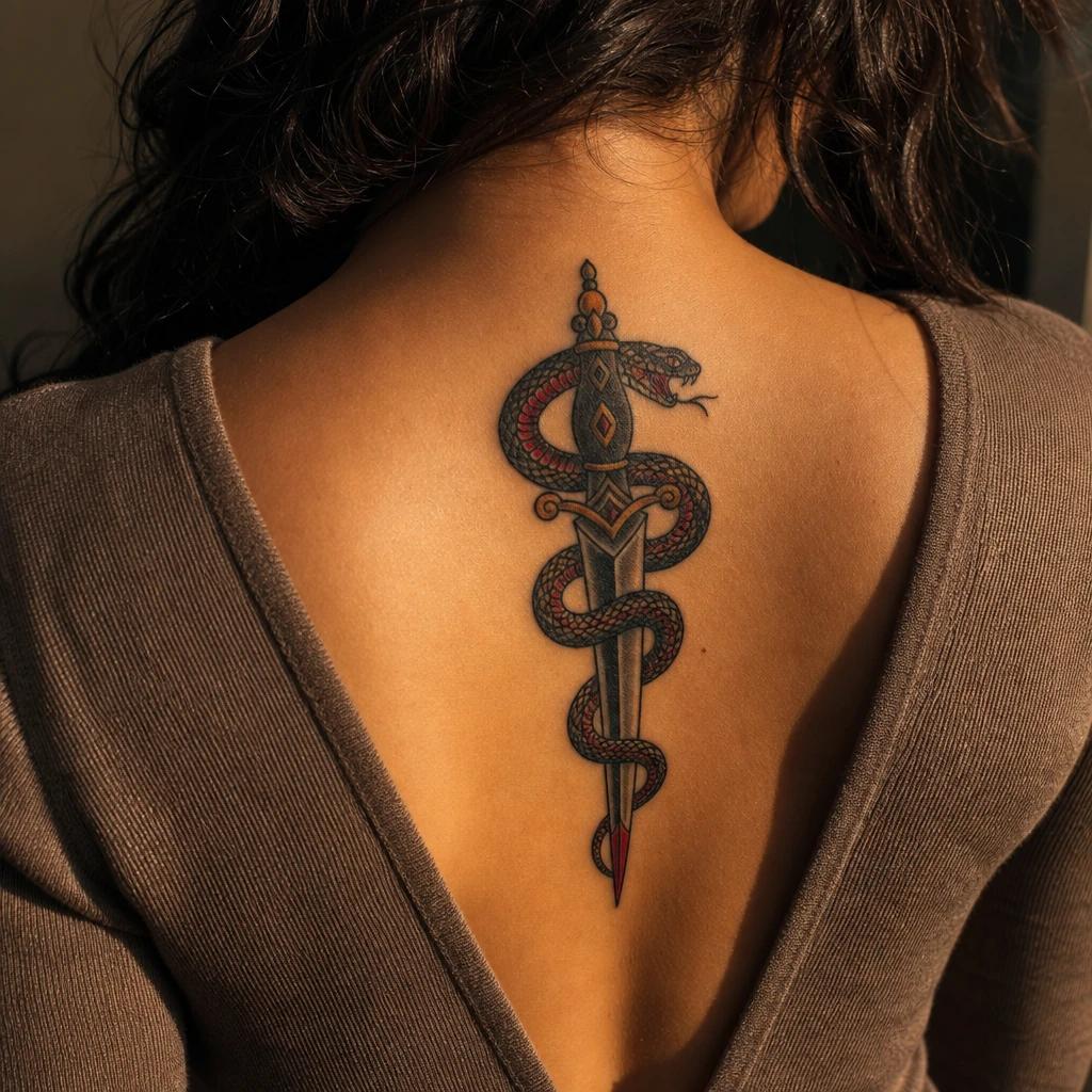idée tatouage serpent serpent old school dague, photo réaliste sur peau