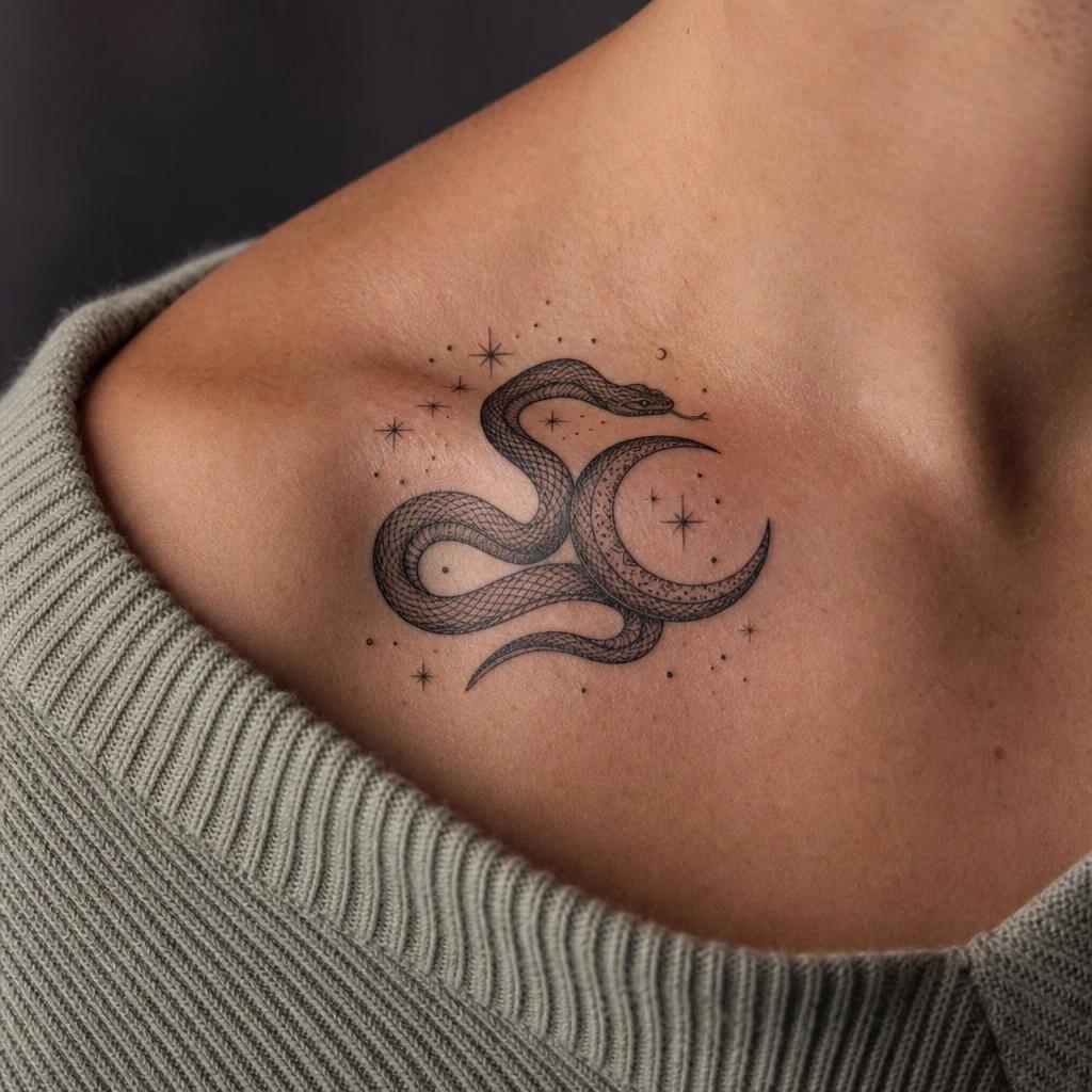 idée tatouage serpent serpent et lune mystique, photo réaliste sur peau