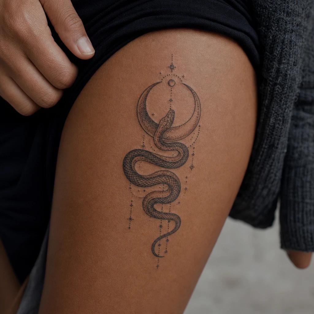 idée tatouage serpent serpent et lune mystique, photo réaliste sur peau