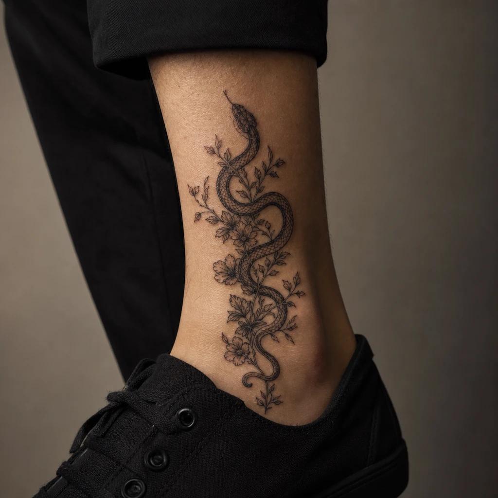 idée tatouage serpent serpent floral ornemental, photo réaliste sur peau