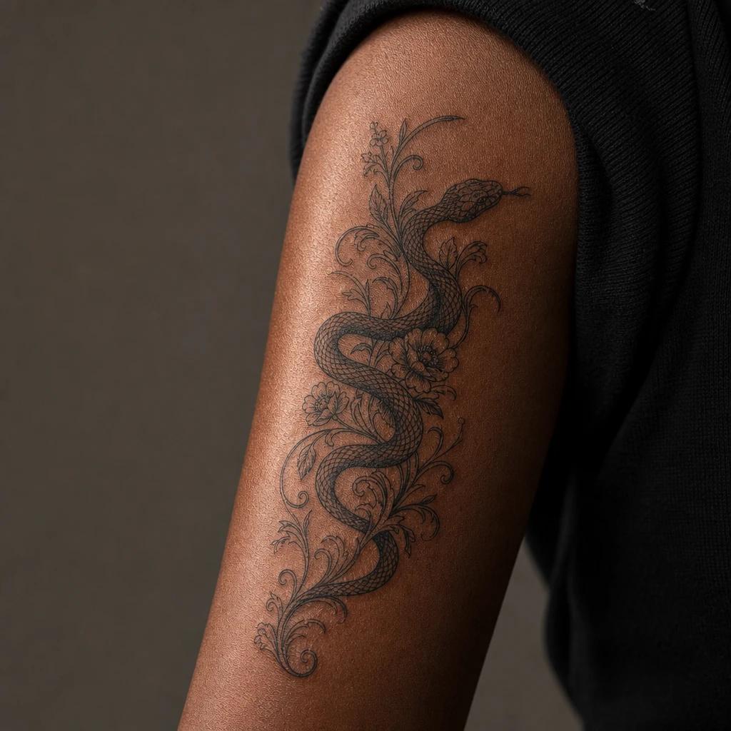 idée tatouage serpent serpent floral ornemental, photo réaliste sur peau