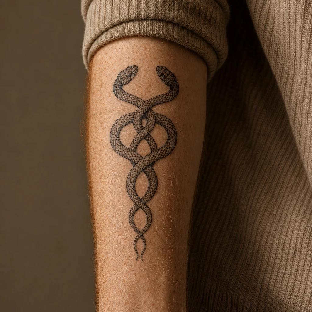 idée tatouage serpent double serpent symetrique, photo réaliste sur peau
