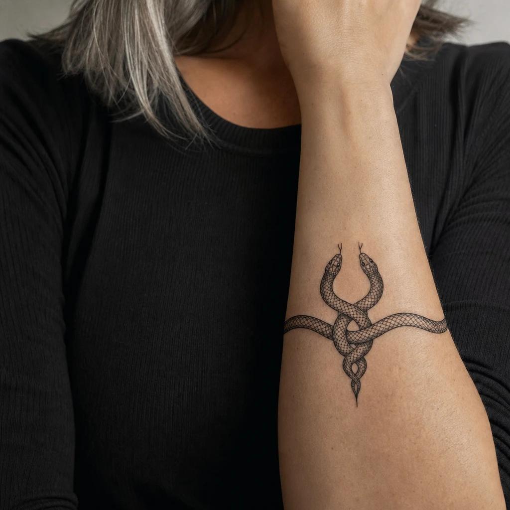 idée tatouage serpent double serpent symetrique, photo réaliste sur peau