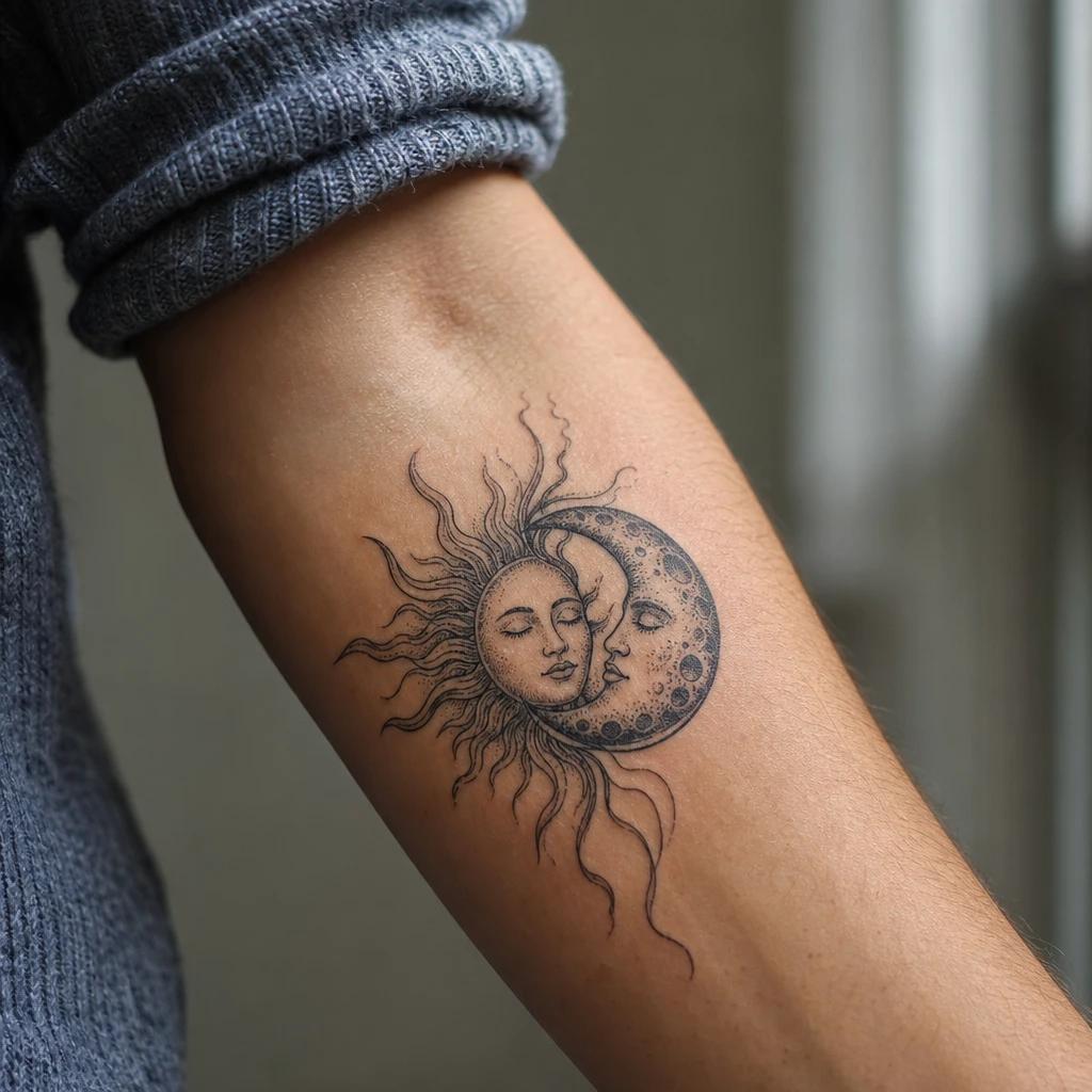 idée tatouage soleil et lune soleil et lune entrelaces, photo réaliste sur peau