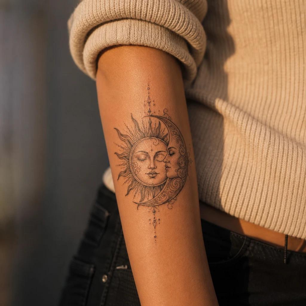 idée tatouage soleil et lune soleil et lune entrelaces, photo réaliste sur peau
