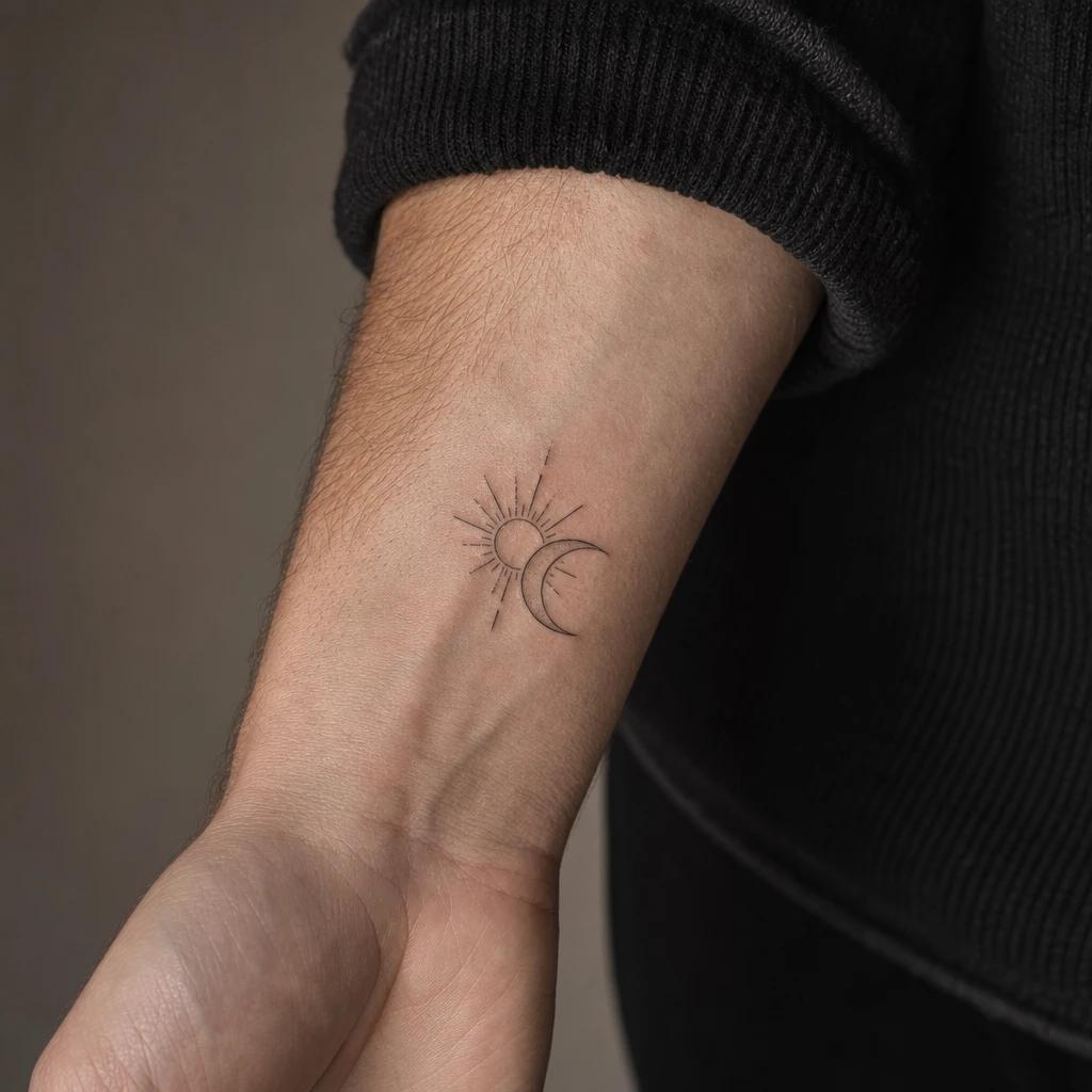idée tatouage soleil et lune duo fine line minimaliste, photo réaliste sur peau