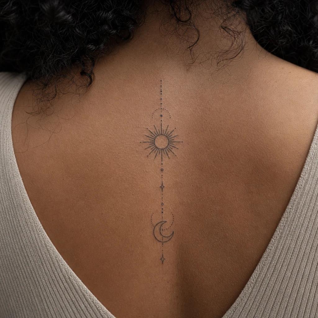 idée tatouage soleil et lune duo fine line minimaliste, photo réaliste sur peau