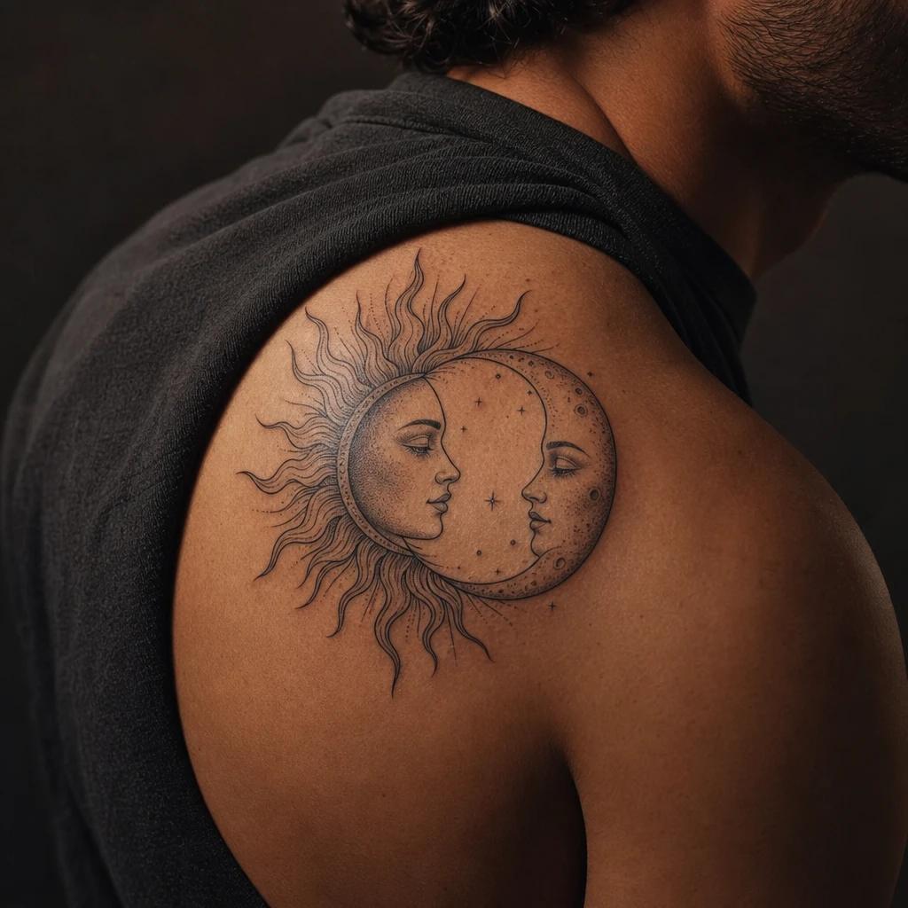 idée tatouage soleil et lune visages profil soleil lune, photo réaliste sur peau