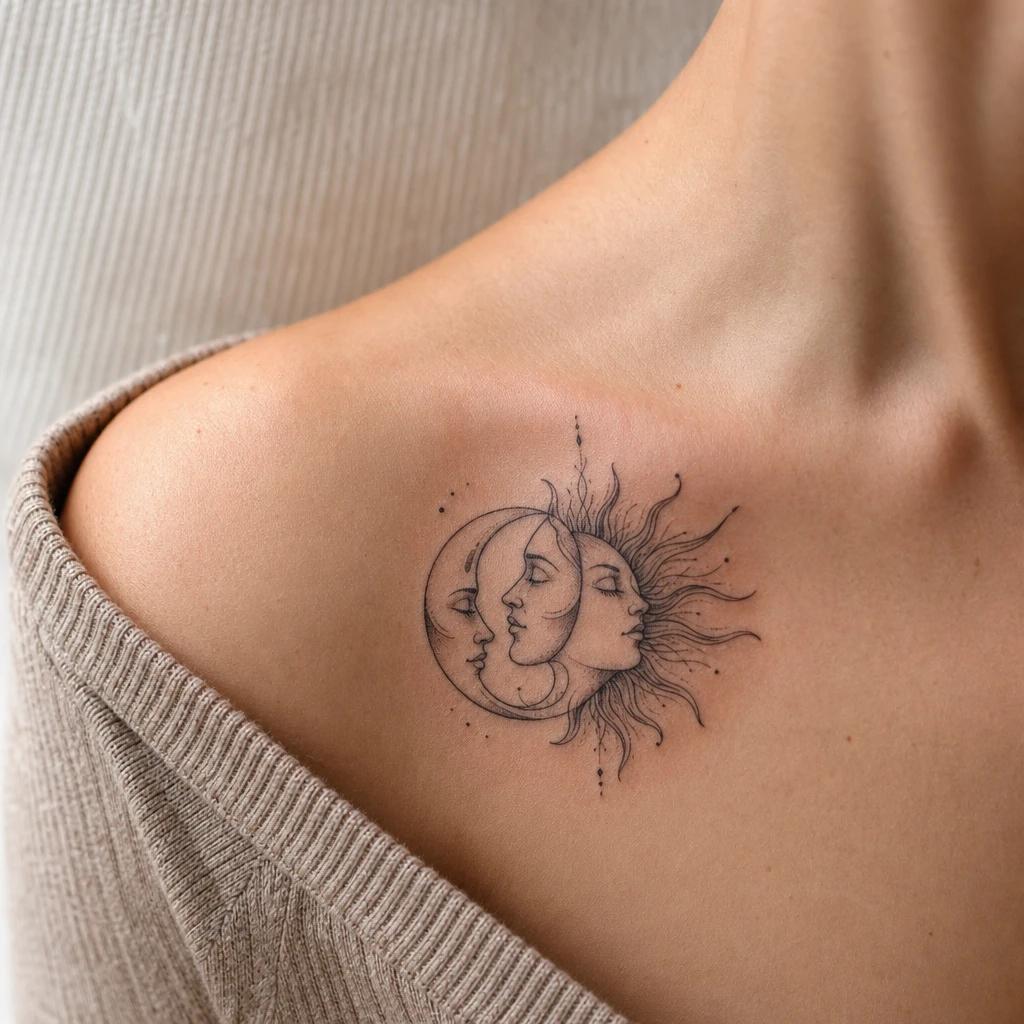 idée tatouage soleil et lune visages profil soleil lune, photo réaliste sur peau