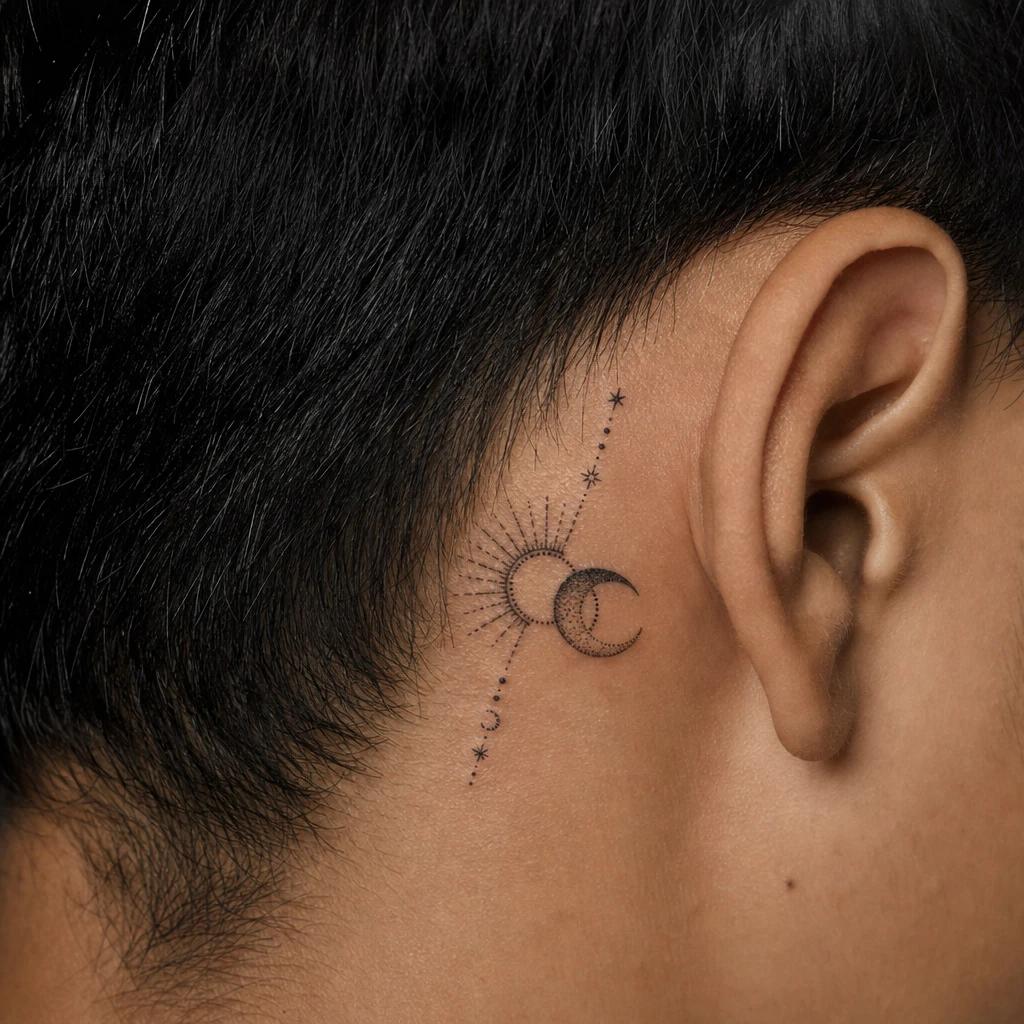idée tatouage soleil et lune dotwork celeste dégradé, photo réaliste sur peau