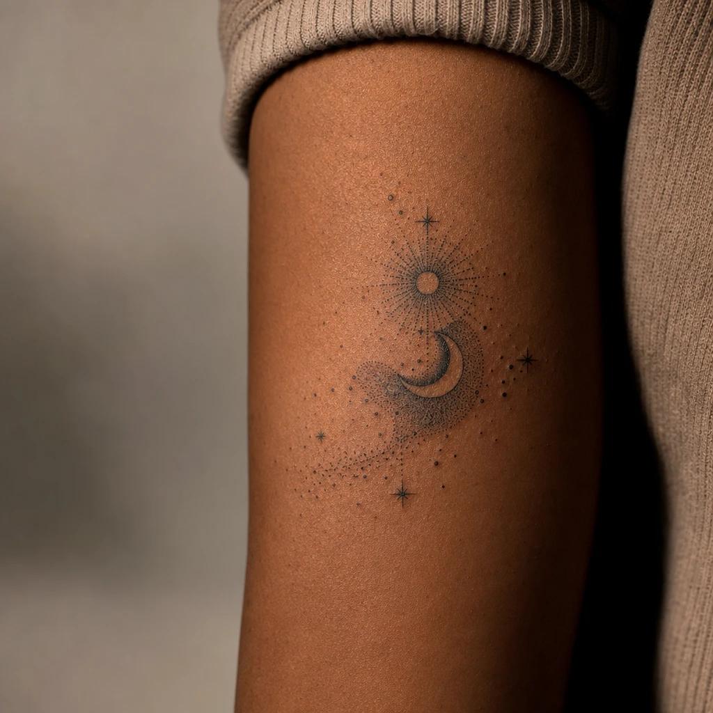 idée tatouage soleil et lune dotwork celeste dégradé, photo réaliste sur peau