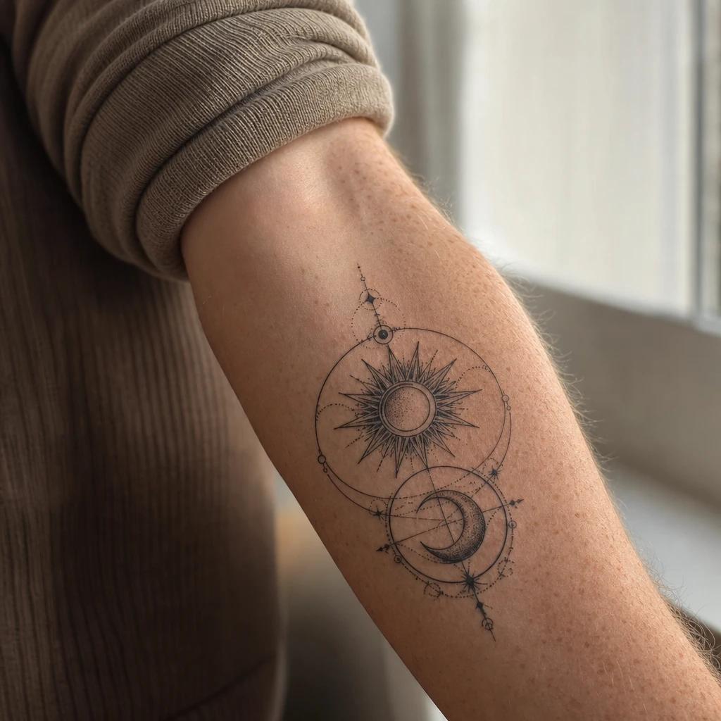 idée tatouage soleil et lune cercle alchimique, photo réaliste sur peau