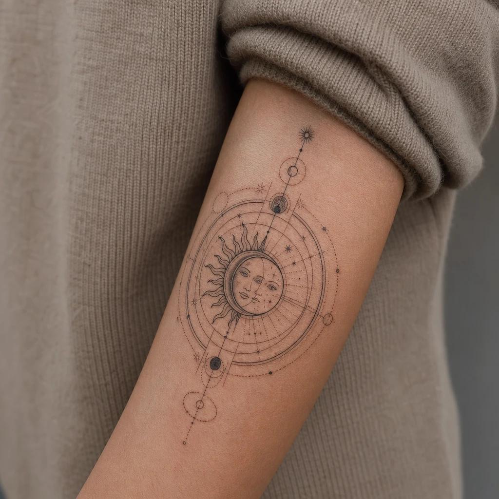 idée tatouage soleil et lune cercle alchimique, photo réaliste sur peau