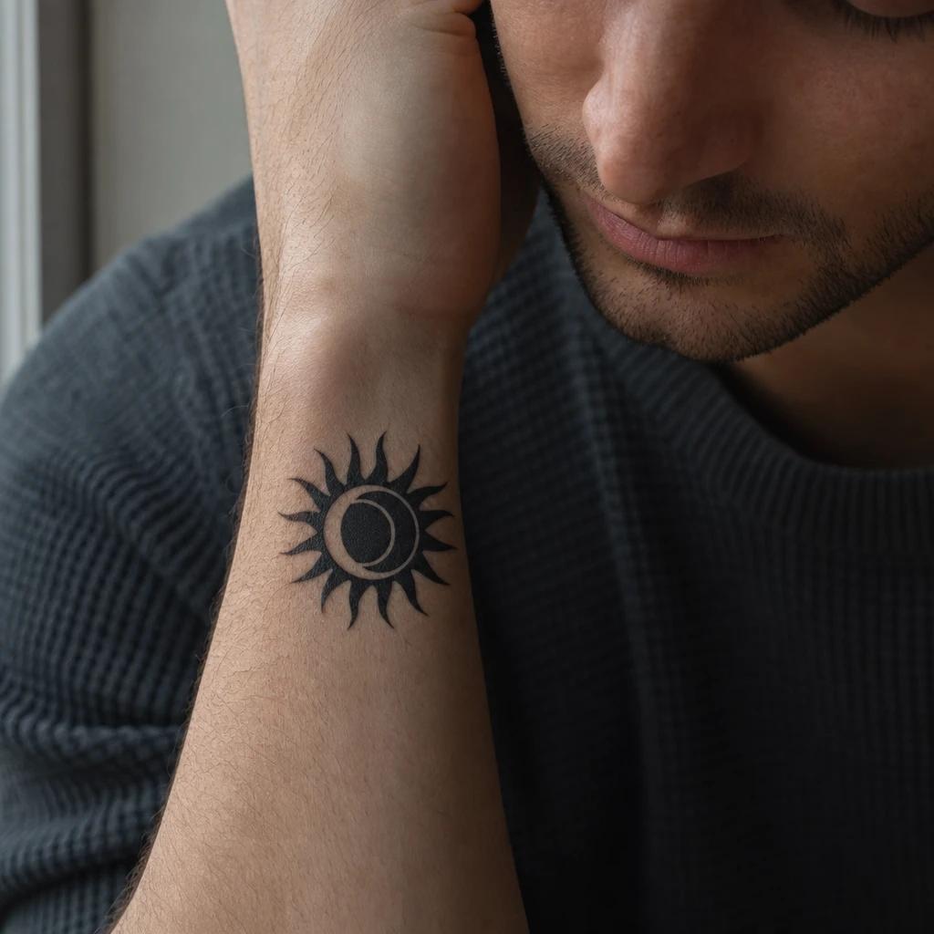 idée tatouage soleil et lune blackwork graphique, photo réaliste sur peau