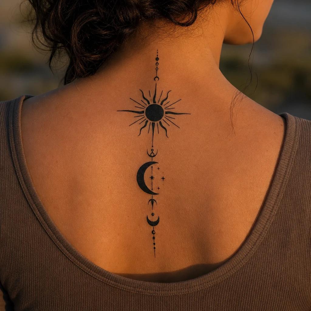 idée tatouage soleil et lune blackwork graphique, photo réaliste sur peau