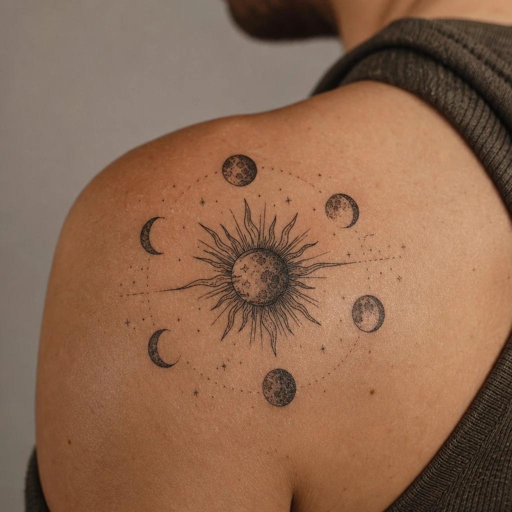 idée tatouage soleil et lune phases de lune et soleil, photo réaliste sur peau