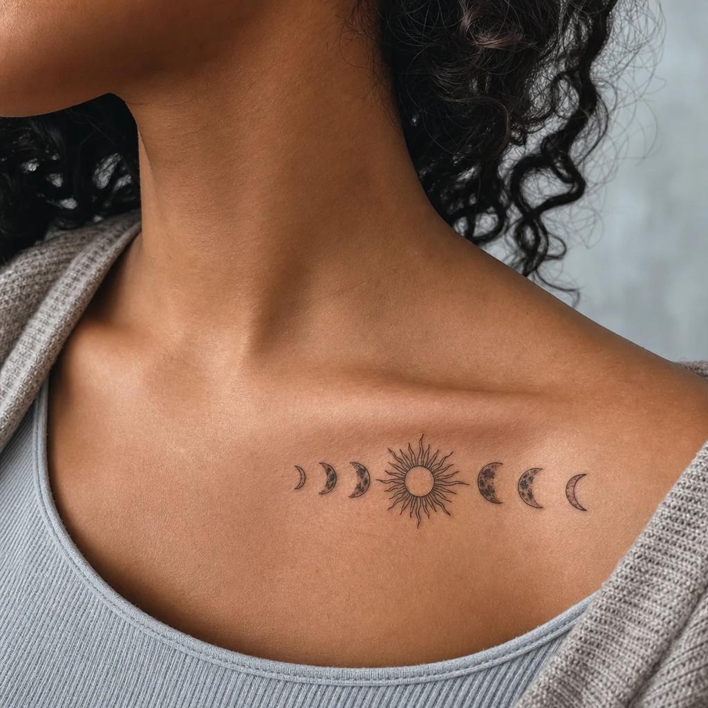 idée tatouage soleil et lune phases de lune et soleil, photo réaliste sur peau
