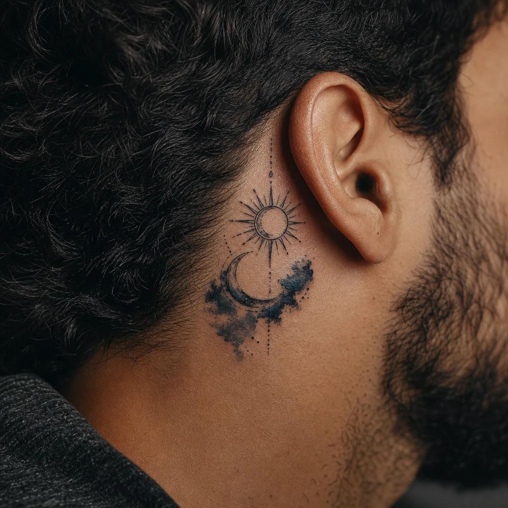idée tatouage soleil et lune aquarelle bleu nuit, photo réaliste sur peau