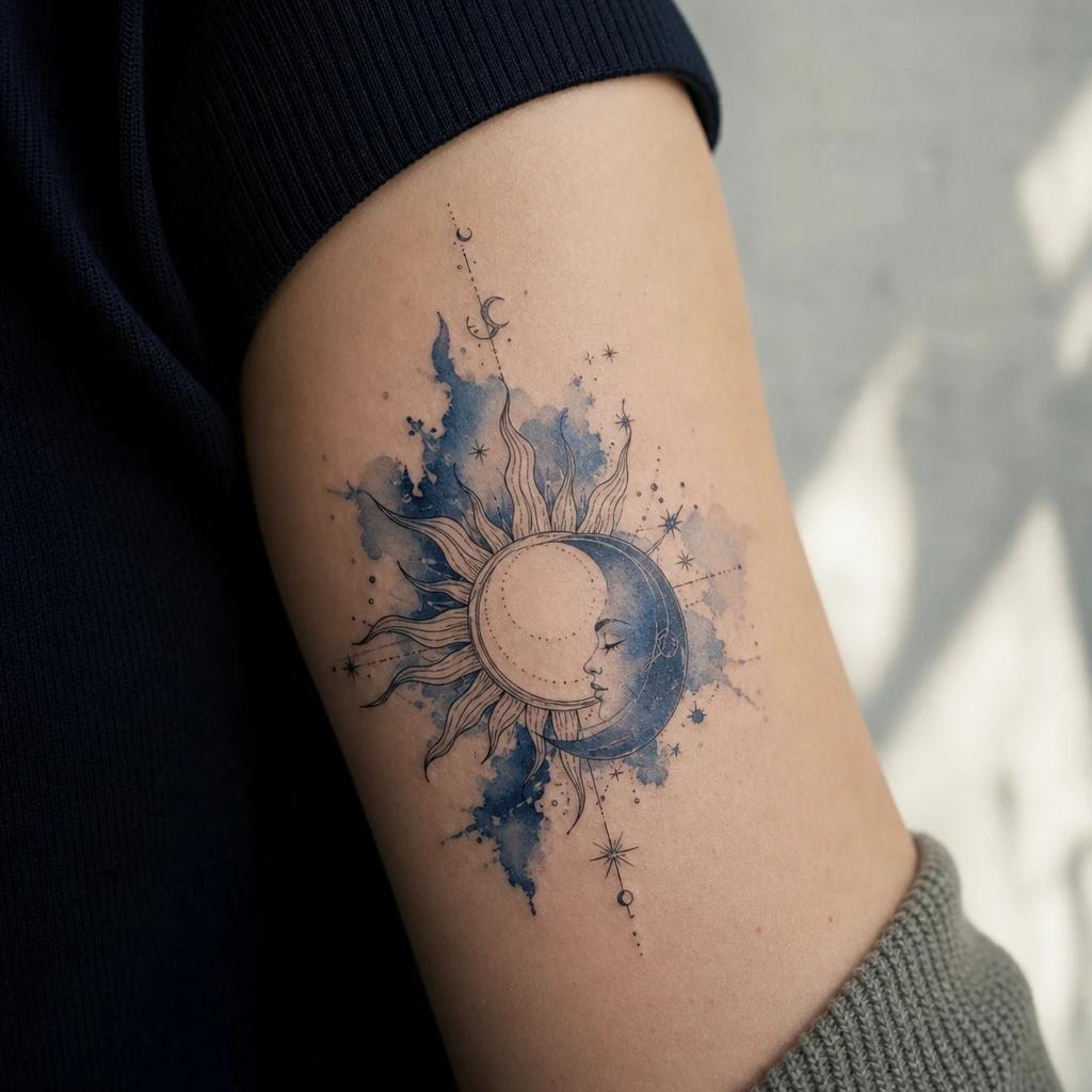 idée tatouage soleil et lune aquarelle bleu nuit, photo réaliste sur peau