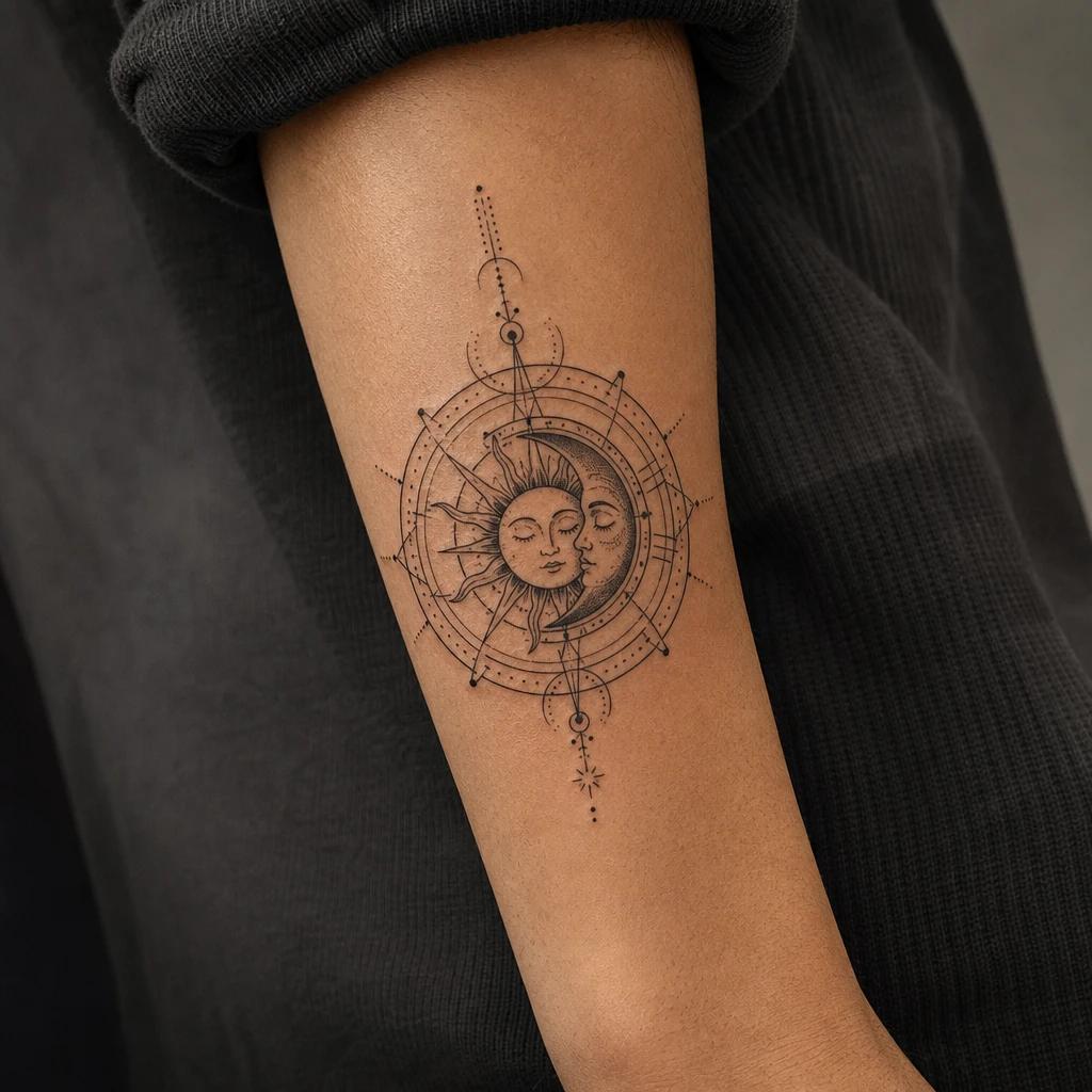 idée tatouage soleil et lune mandala solaire lunaire, photo réaliste sur peau