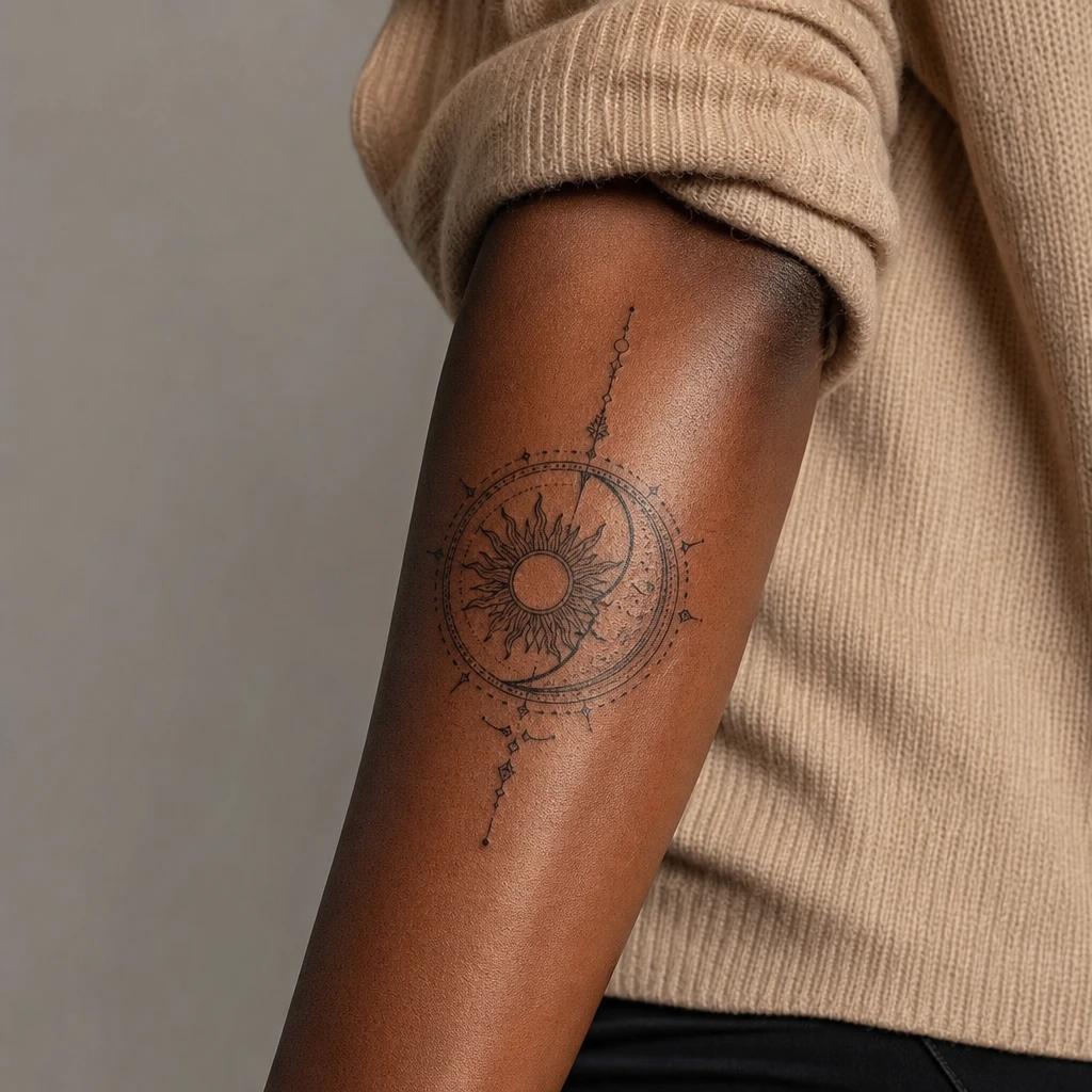 idée tatouage soleil et lune mandala solaire lunaire, photo réaliste sur peau