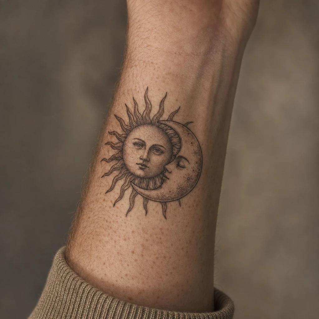 idée tatouage soleil et lune illustratif gravure ancienne, photo réaliste sur peau