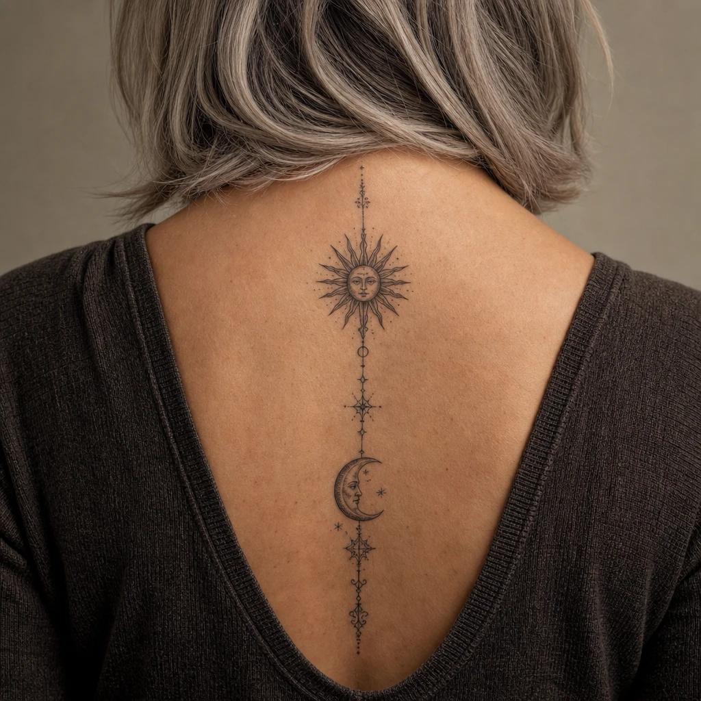 idée tatouage soleil et lune illustratif gravure ancienne, photo réaliste sur peau