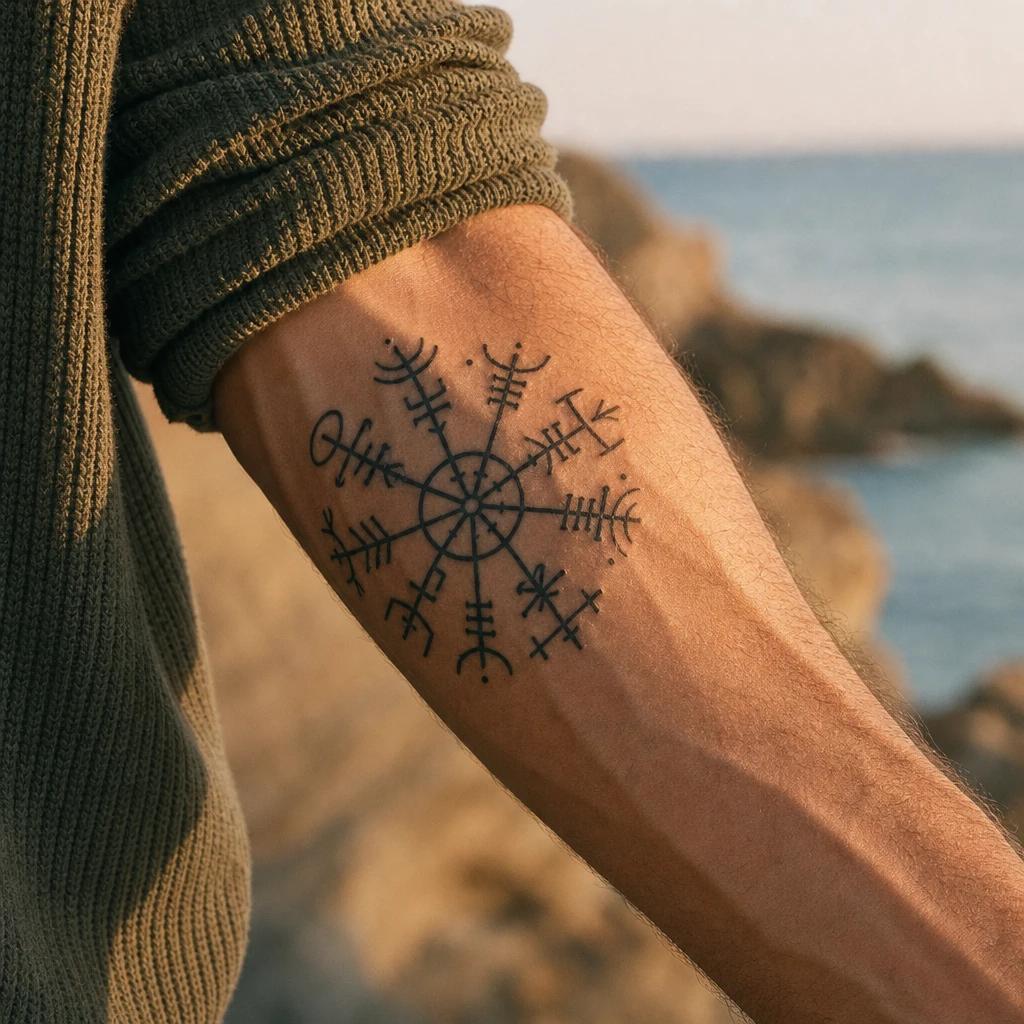 idée tatouage viking vegvisir boussole runique, photo réaliste sur peau