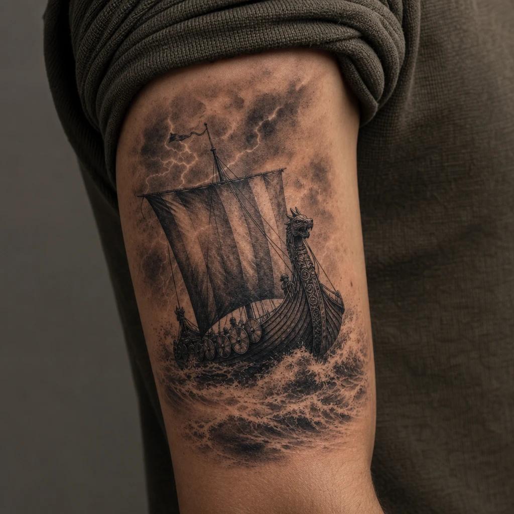 idée tatouage viking drakkar en pleine tempete, photo réaliste sur peau