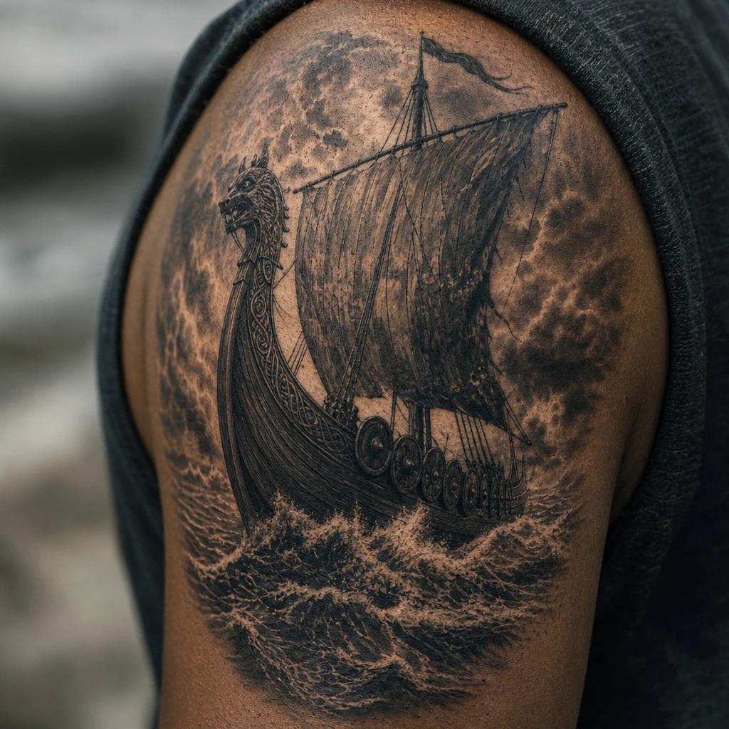 idée tatouage viking drakkar en pleine tempete, photo réaliste sur peau