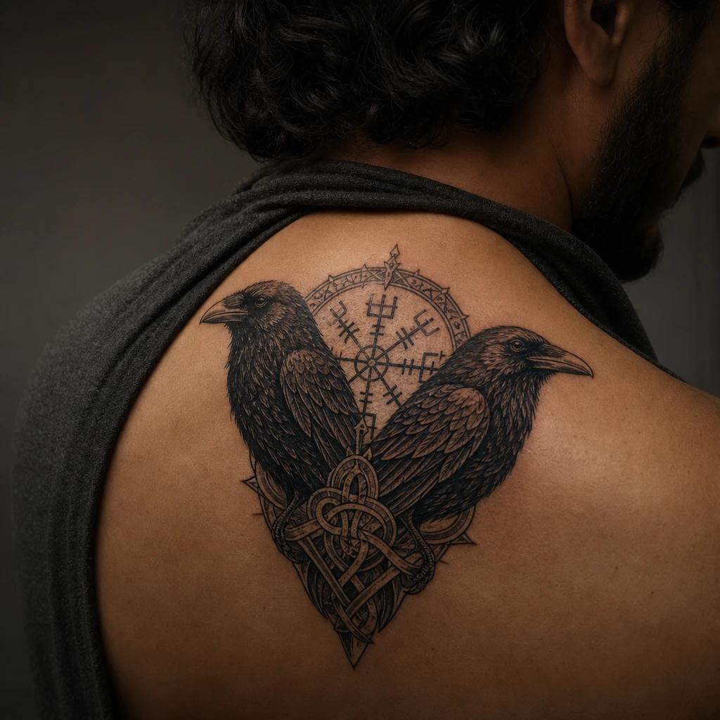 idée tatouage viking corbeaux d odin hugin et munin, photo réaliste sur peau