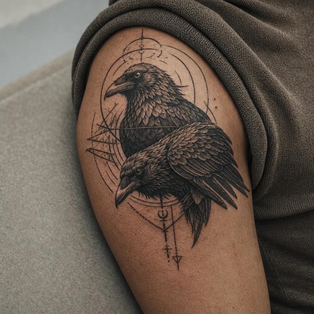 idée tatouage viking corbeaux d odin hugin et munin, photo réaliste sur peau