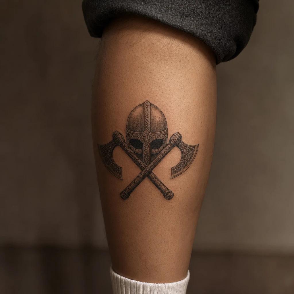 idée tatouage viking casque et haches croisees, photo réaliste sur peau
