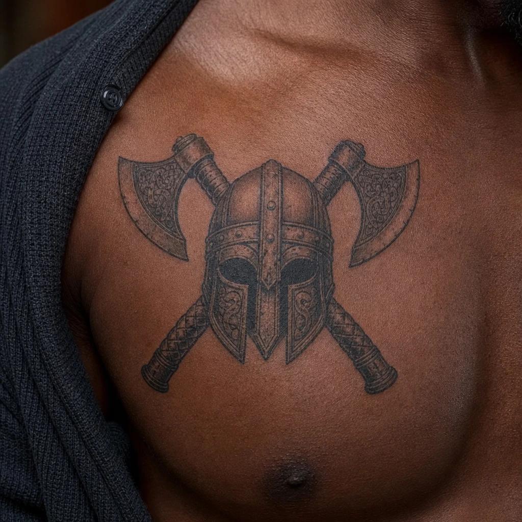 idée tatouage viking casque et haches croisees, photo réaliste sur peau