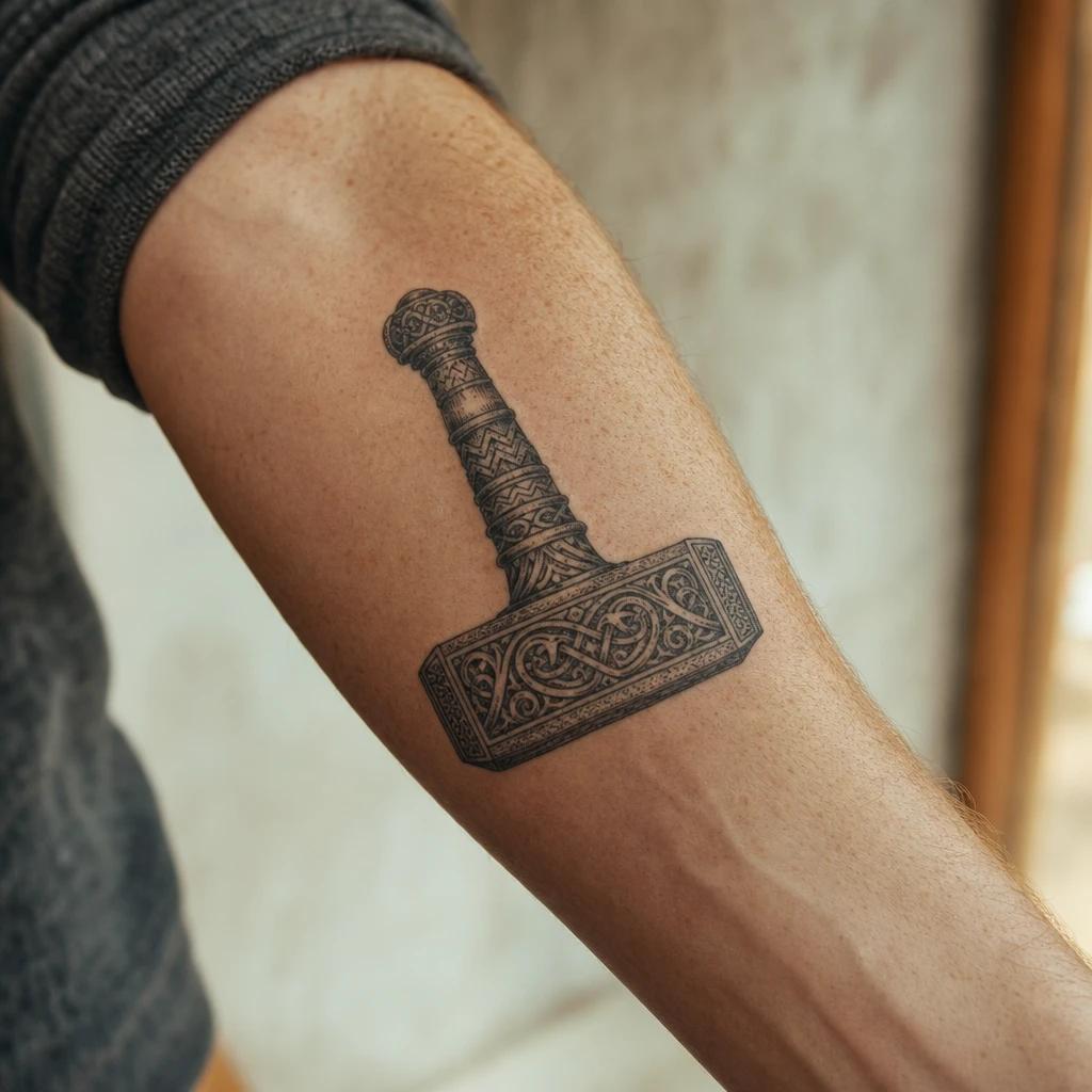 idée tatouage viking mjolnir marteau de thor, photo réaliste sur peau