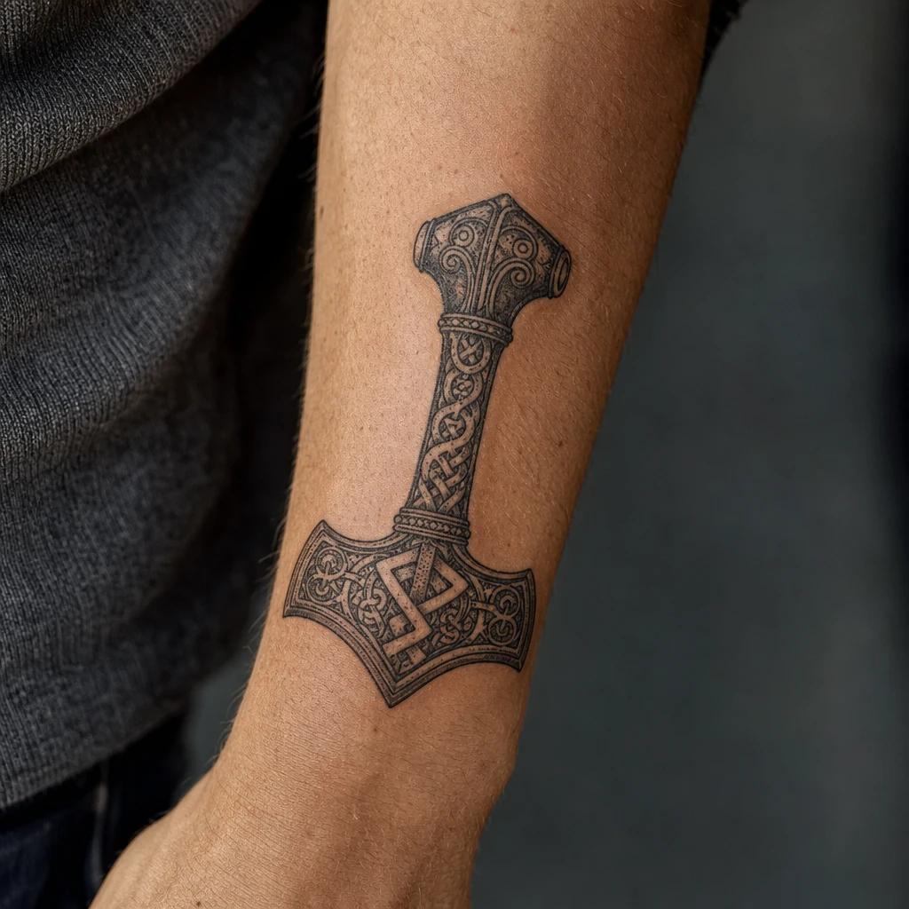 idée tatouage viking mjolnir marteau de thor, photo réaliste sur peau