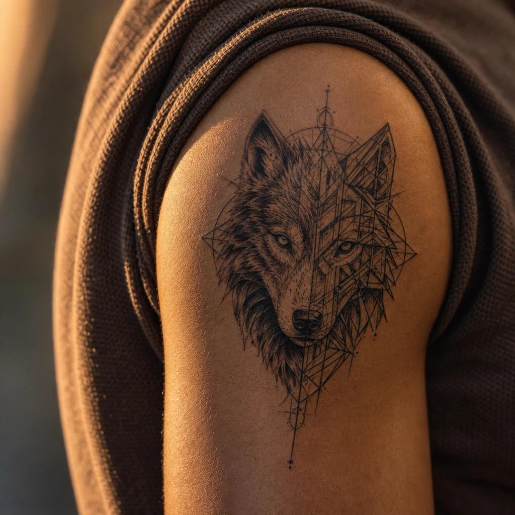 idée tatouage viking loup fenrir geometrique, photo réaliste sur peau