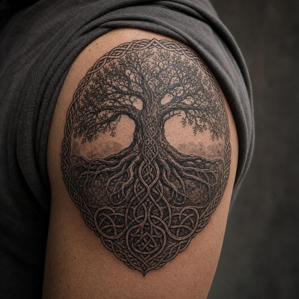 idée tatouage viking arbre monde yggdrasil, photo réaliste sur peau