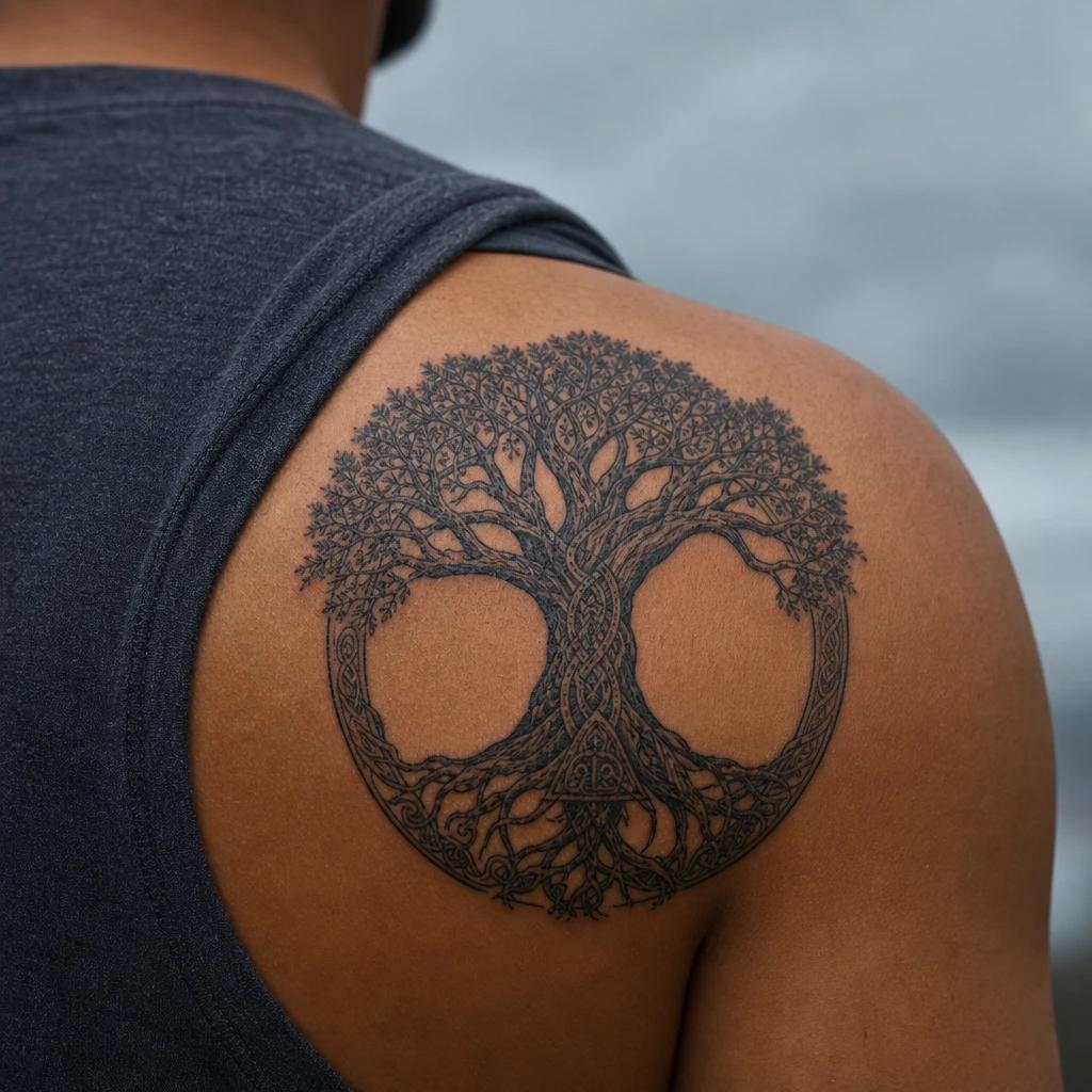 idée tatouage viking arbre monde yggdrasil, photo réaliste sur peau