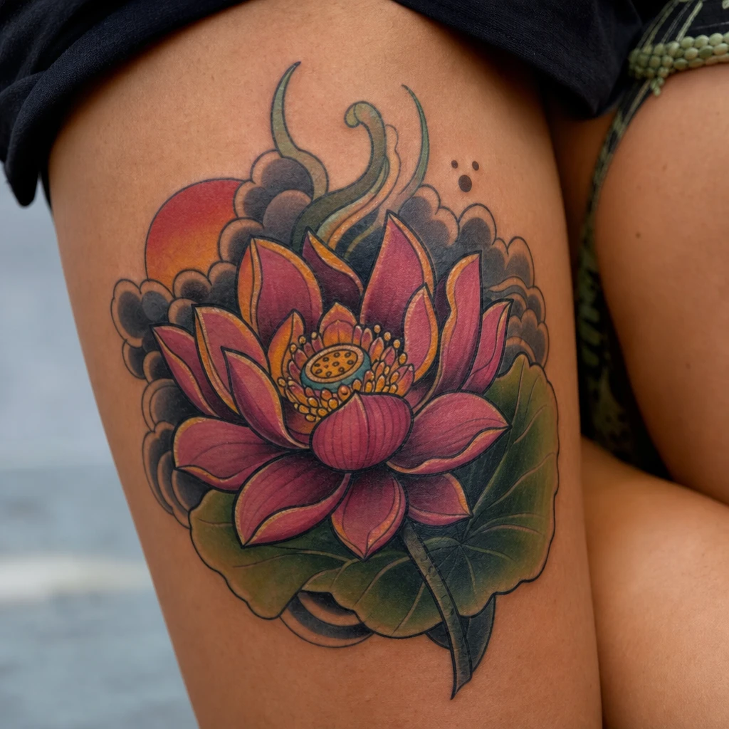Tatouage fleur de lotus sur peau réelle